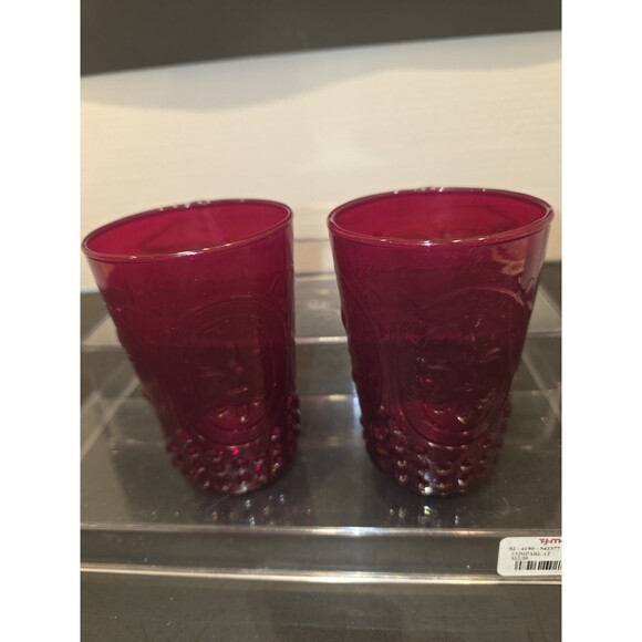 Anchor Hocking Other - Set of 2 Ruby Red Glass Tumblers - Fleur De Lis Embossed Pattern - Vintage